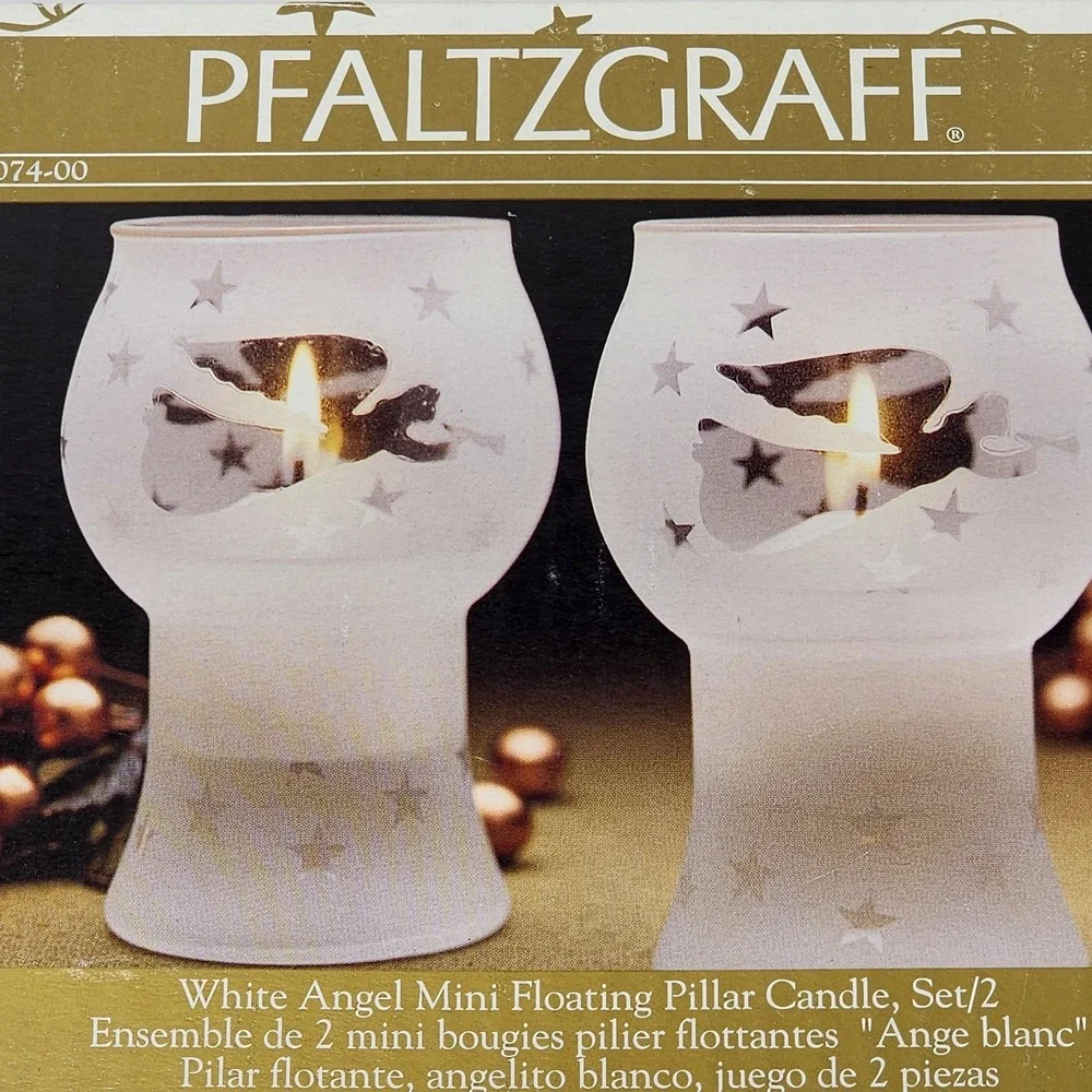 Vintage 2000 Pfaltzgraff White Angel Mini Floating‎ Pillar Candle Set (2) NIB